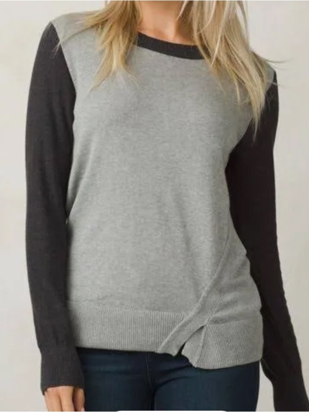 PrAna Ansleigh Crewneck 2-tone Gray Color block Sweater Soft Organic Cotton L